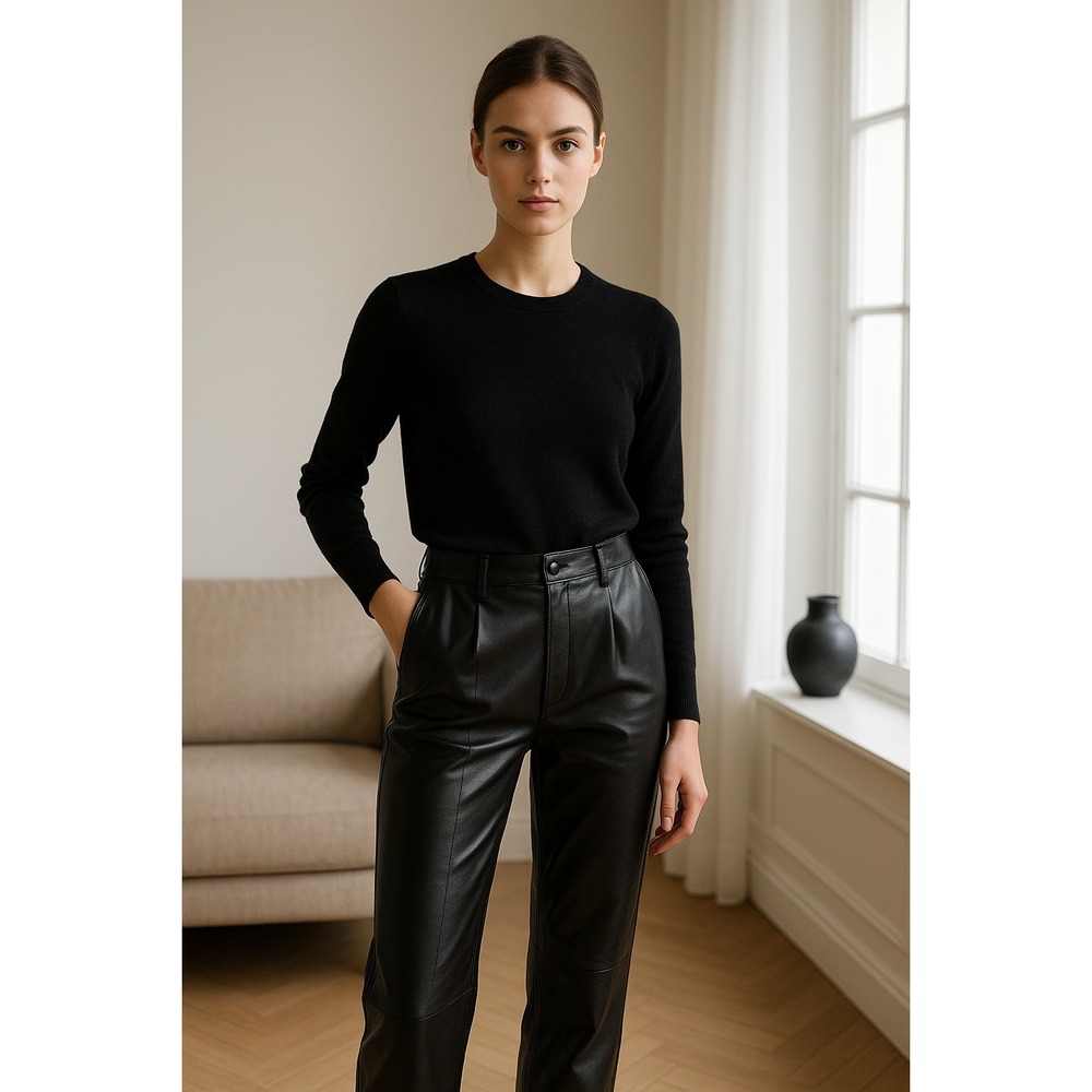 Missani Le Collezioni Black Leather Pants Womens IT 44 Straight Leg Luxe RELAXED